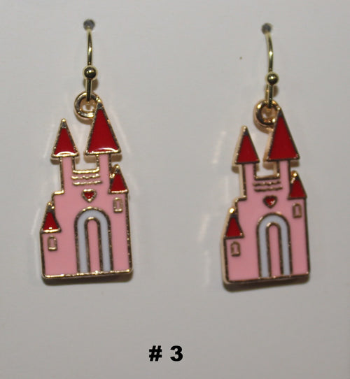 Pink castle-shaped earrings with gold accents 