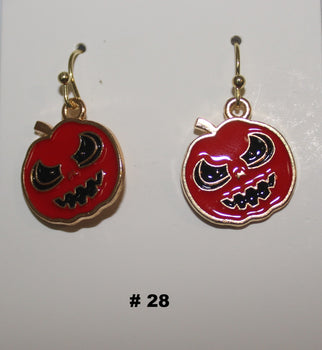 Pair of red pumpkin earrings with gold accents 