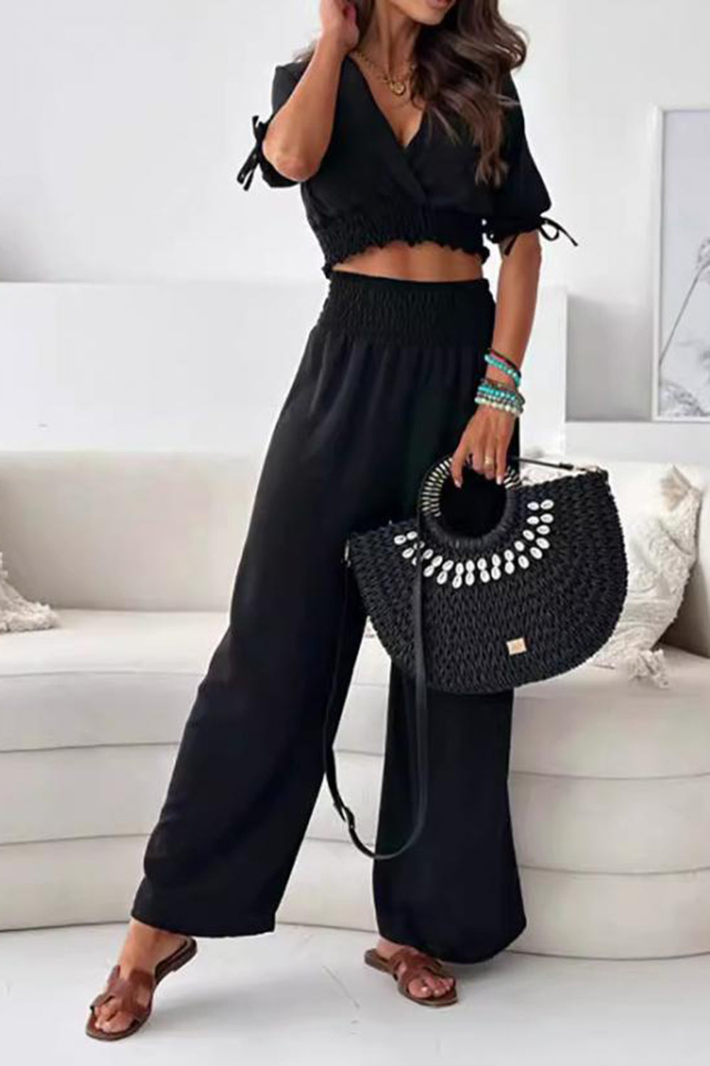 Surplice Short Sleeve V-Nek Top and Pants Set