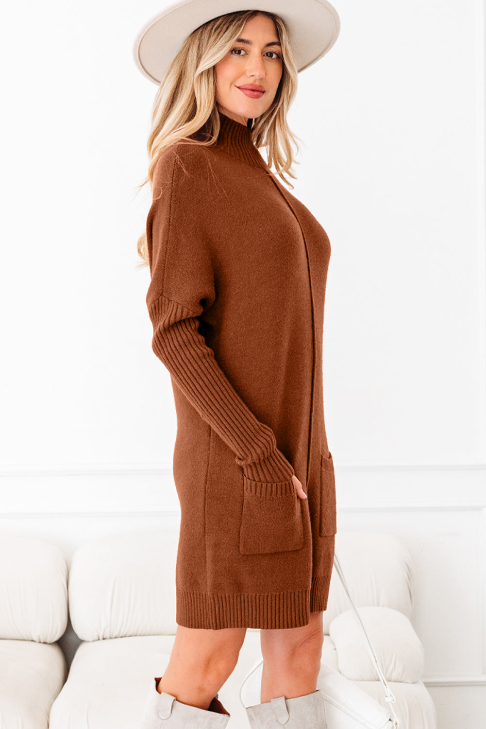 Long Sleeve Chestnut Ribbed High Neck Sweater Dress