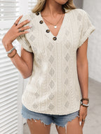 Short Sleeve Button Detail V-Neck Top