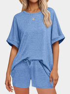 Short Sleeve Round Neck Drawstring Shorts Set