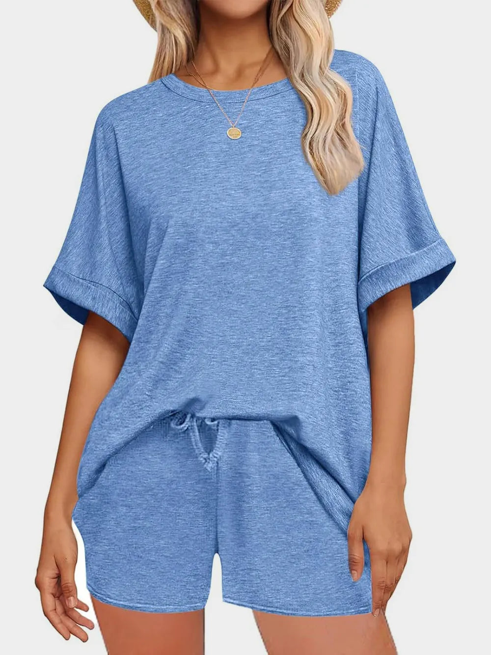 Short Sleeve Round Neck Drawstring Shorts Set