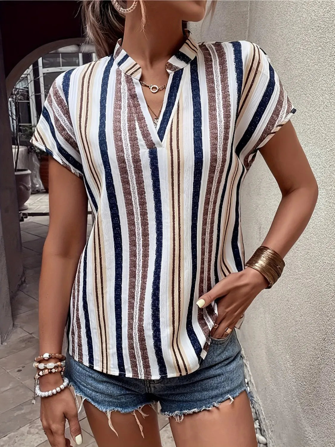 Short Sleeve Striped Notched Top