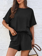 Short Sleeve Round Neck Drawstring Shorts Set