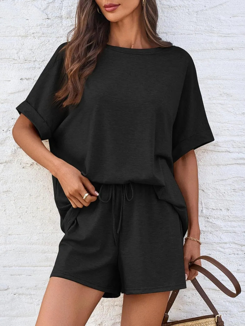 Short Sleeve Round Neck Drawstring Shorts Set