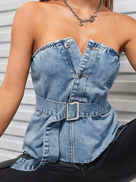 Frayed Hem Button Detail Tube Top