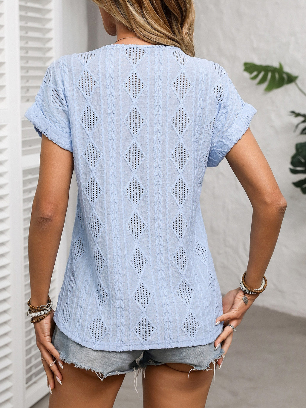 Short Sleeve Button Detail V-Neck Top