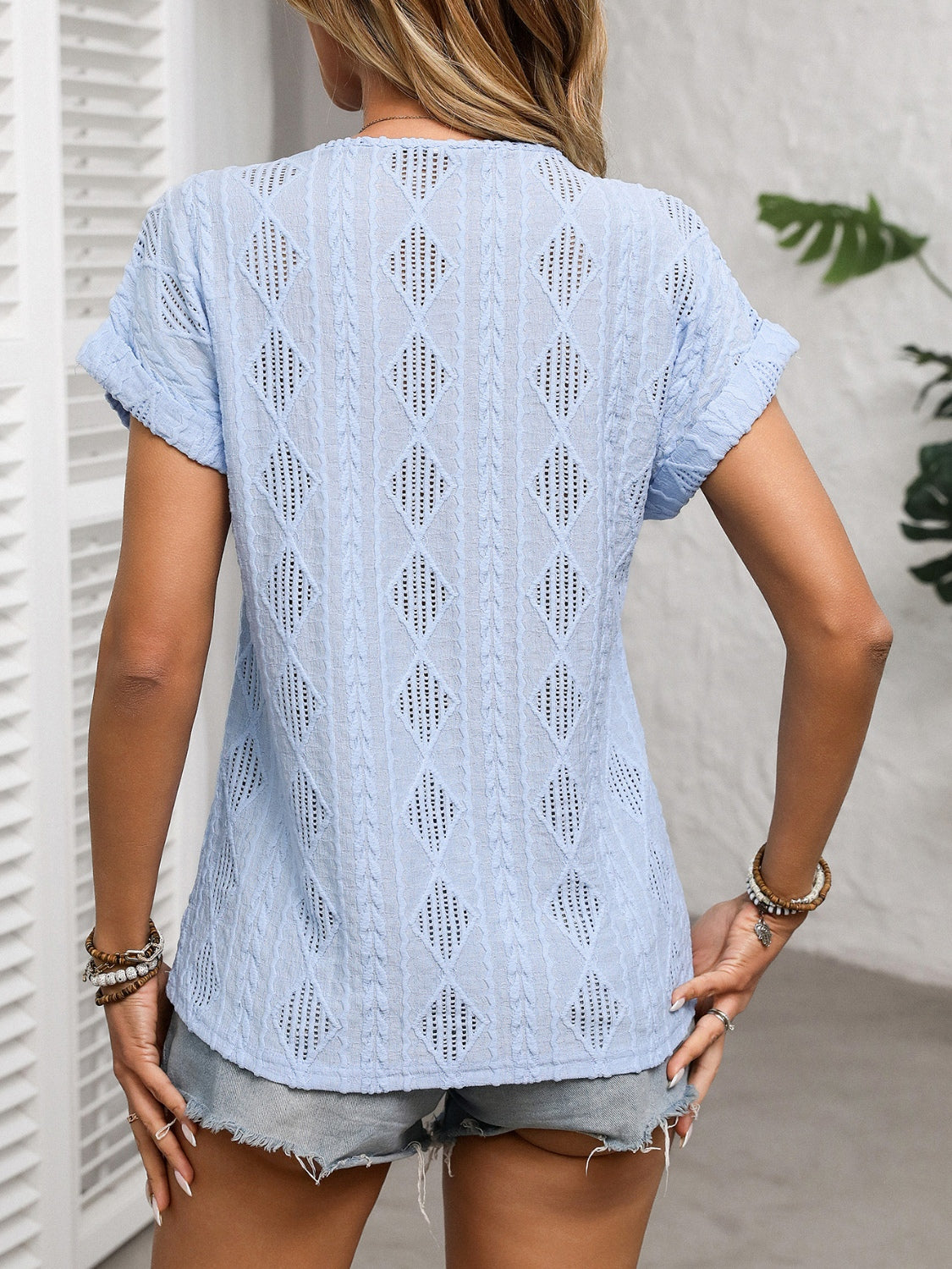 Short Sleeve Button Detail V-Neck Top