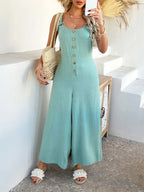 Sleeveless Button Front Knotted Strap Wide Leg Jumpsuit