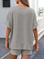 Short Sleeve Round Neck Drawstring Shorts Set