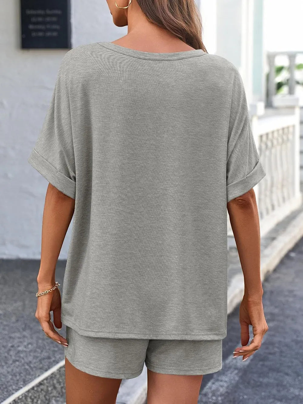 Short Sleeve Round Neck Drawstring Shorts Set