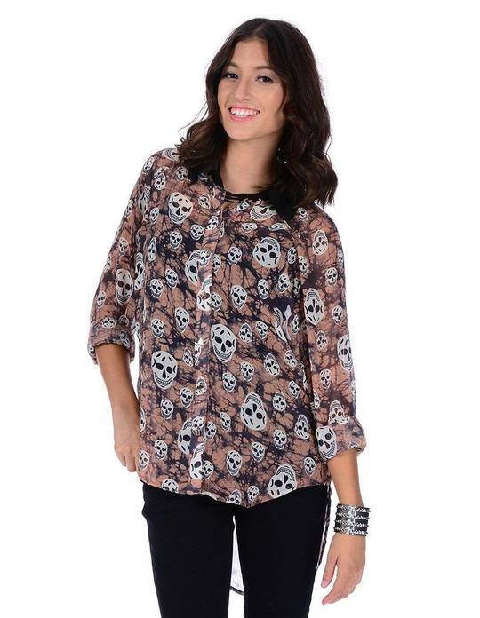 Long Sleeve Lightweight High-Low Skull Pattern Blouse