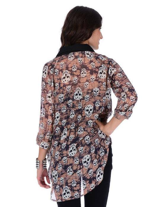 Long Sleeve Lightweight High-Low Skull Pattern Blouse