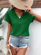 Short Sleeve Textured Solid Color V-Neck Top