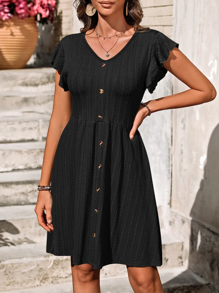 Women's V-Neck Ruffled Cap Sleeve Dress