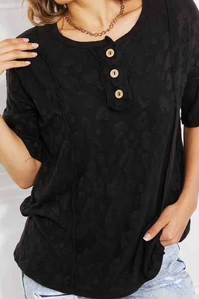 Half Sleeve Black Animal Print Textured Top