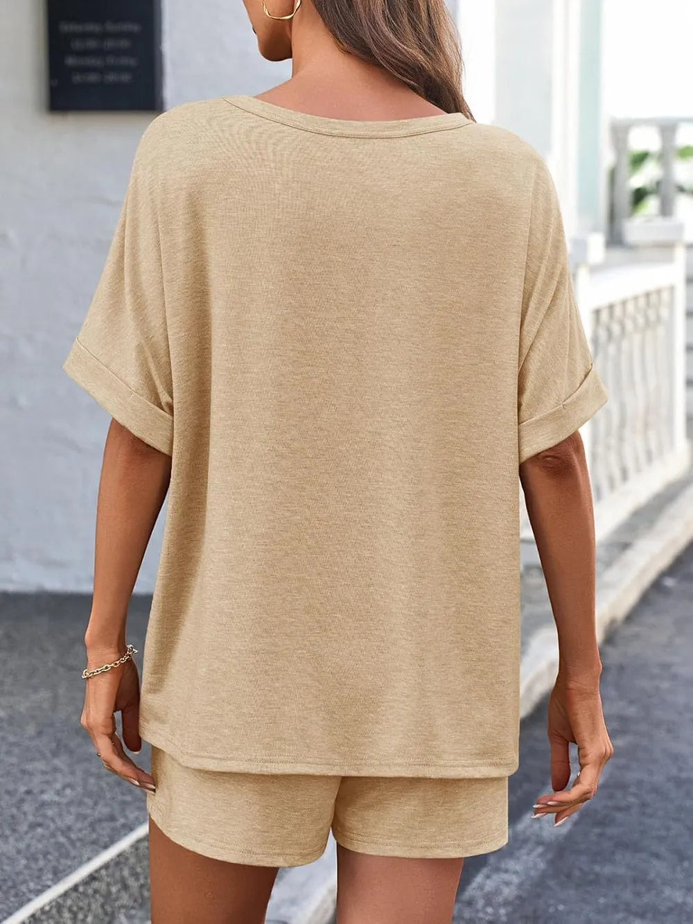 Short Sleeve Round Neck Drawstring Shorts Set