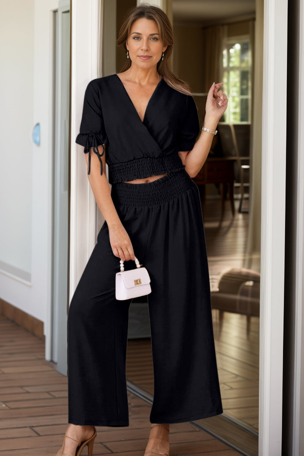 Surplice Short Sleeve V-Nek Top and Pants Set
