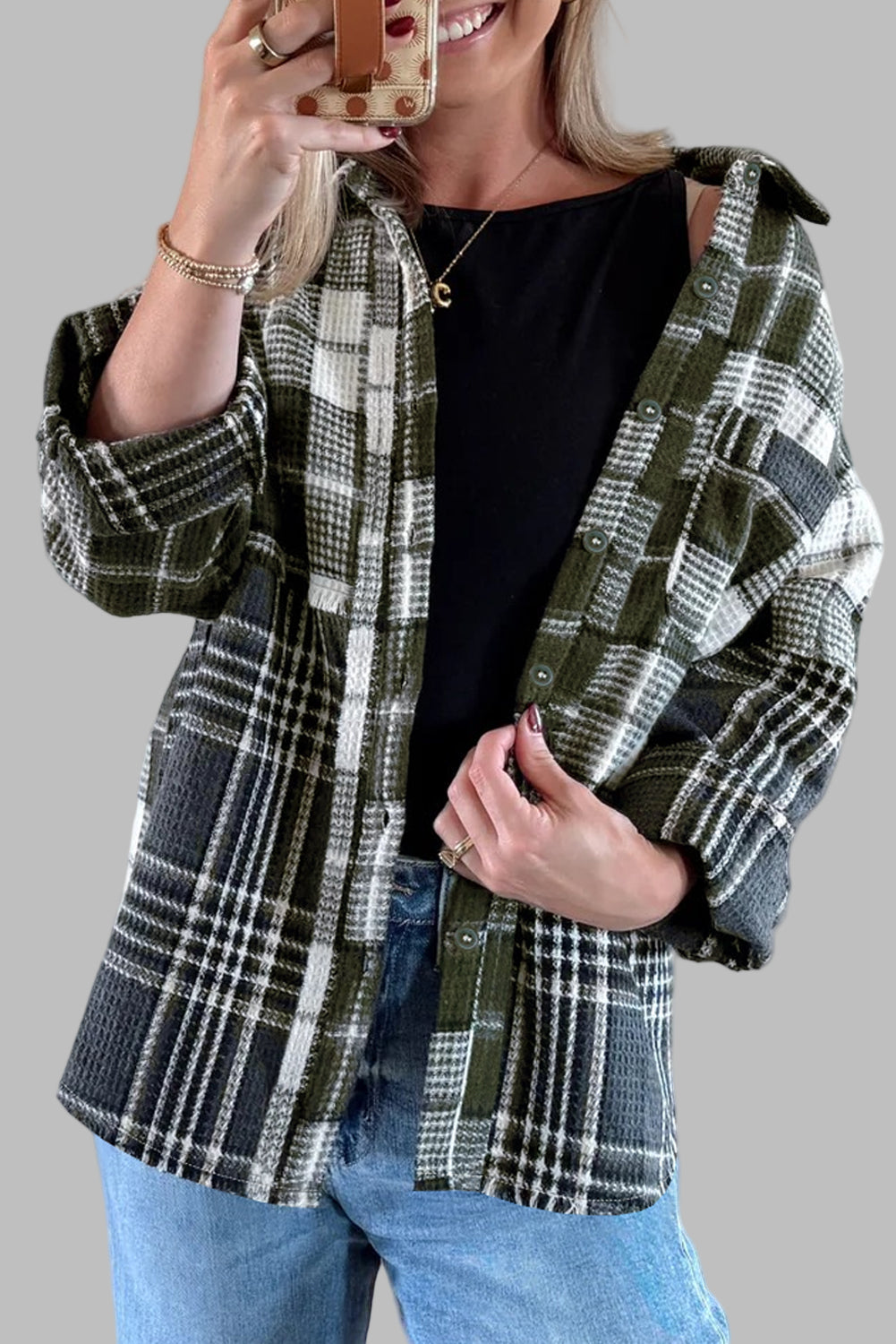 Black Plaid Print Textured Knit Buttoned Shacket