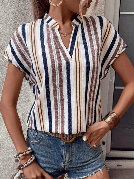 Short Sleeve Striped Notched Top