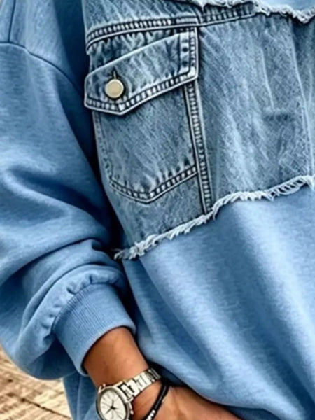 Long Sleeve Denim Patchwork Dropped Shoulder Sweatshirt