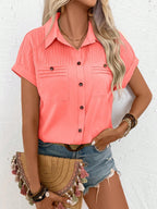 Short Sleeve Pleated Detail Collared Neck Shirt