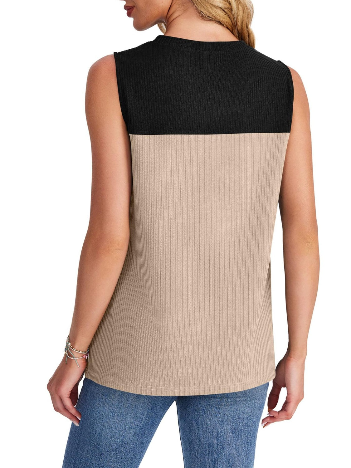 Sleeveless Color Block Round Neck Top