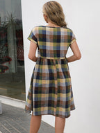 Cap Sleeve Plaid Round Neck Dress