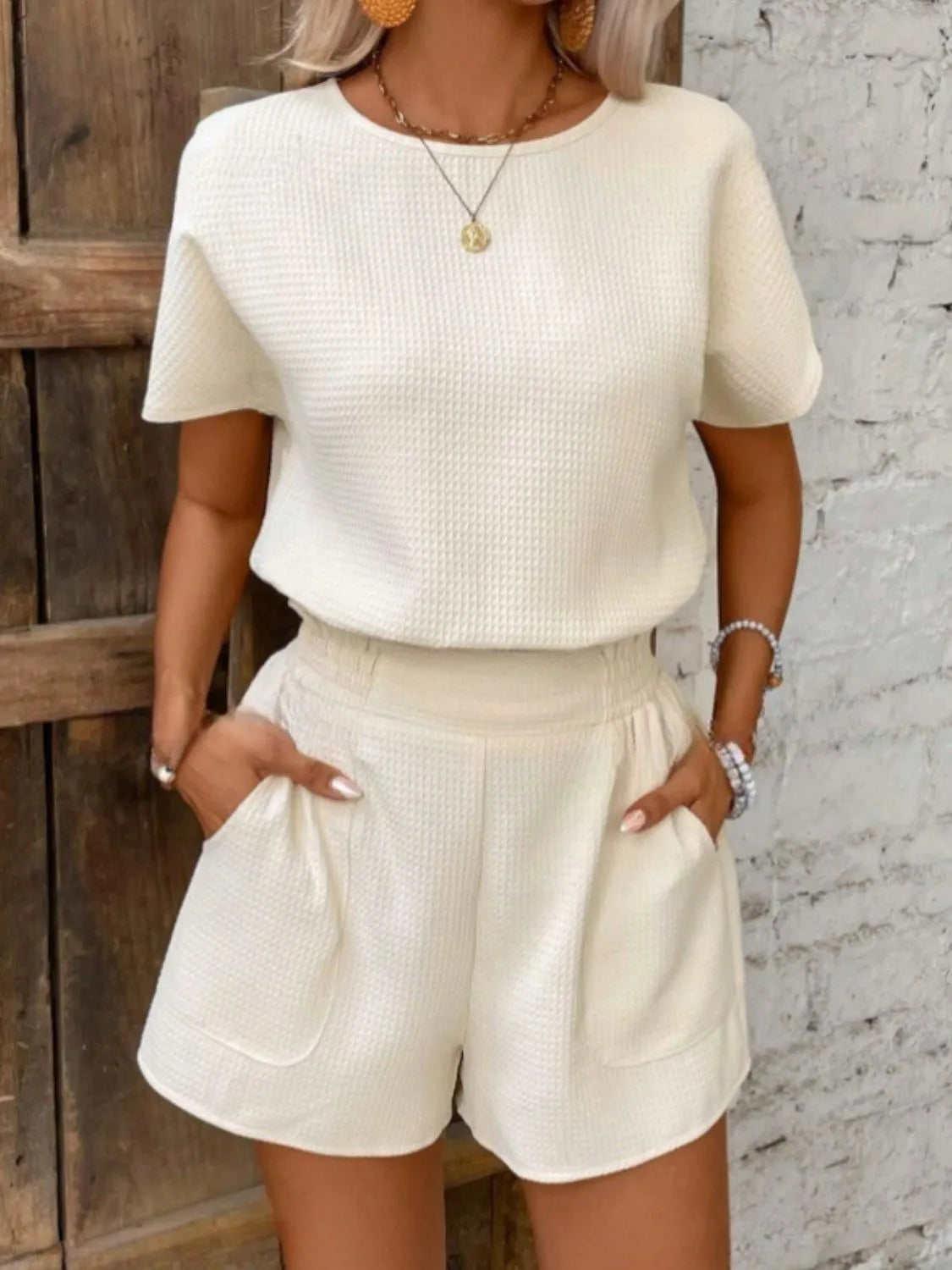 Short Sleeve Round Neck Top and Shorts Set
