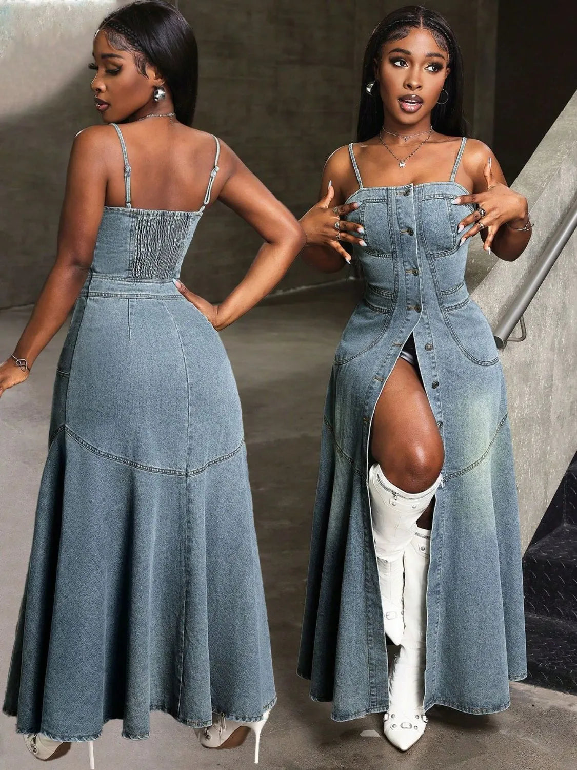 Smocked Button Front Denim Cami Dress