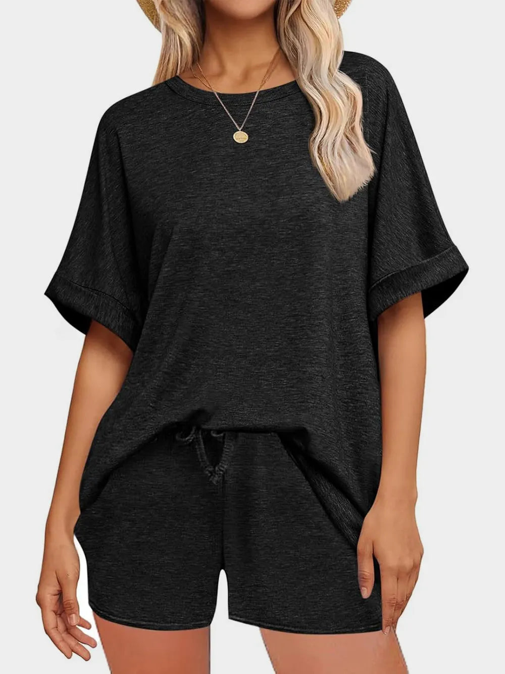 Short Sleeve Round Neck Drawstring Shorts Set