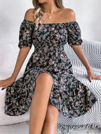 Ruffled Hem Floral Puff Sleeve Dress