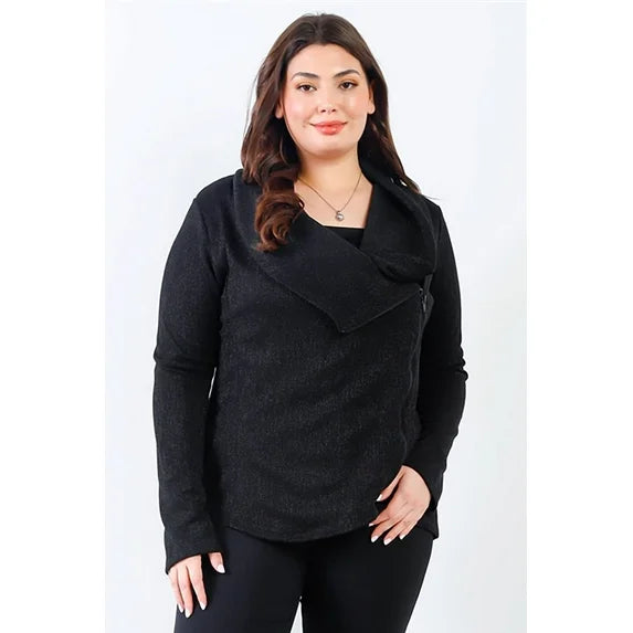 Plus Size Black Lurex Draped Collar Side Zip Up Jacket