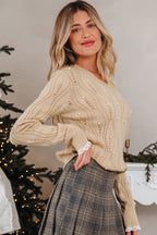 Women's Gray Beaded Knit V Neck Sweater