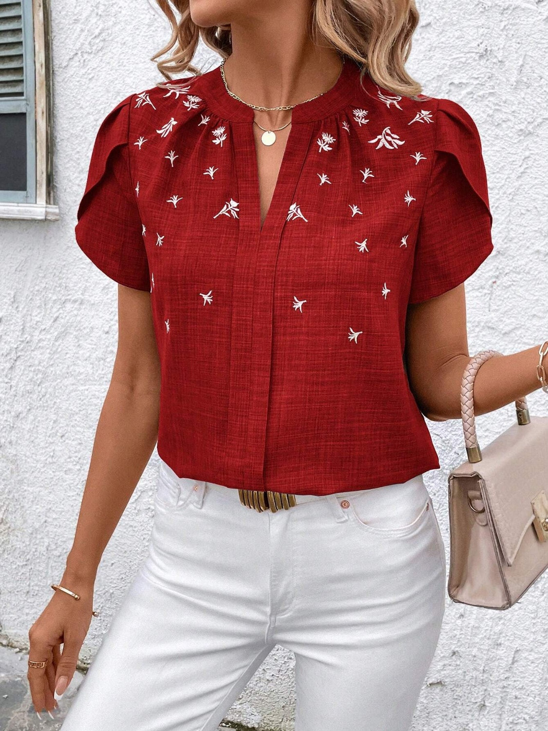 Floral Notched Short Sleeve Blouse