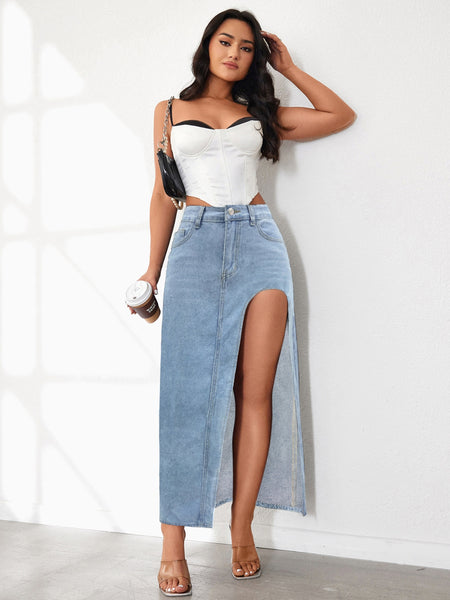 Women's High Rise Slit Denim Skirt