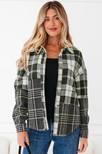Black Plaid Print Textured Knit Buttoned Shacket