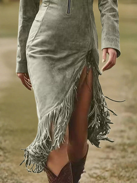 Long Sleeve Fringe Hem Zip Front Bodycon Dress