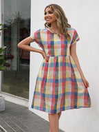Cap Sleeve Plaid Round Neck Dress