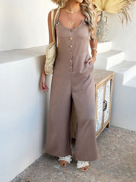 Sleeveless Button Front Knotted Strap Wide Leg Jumpsuit