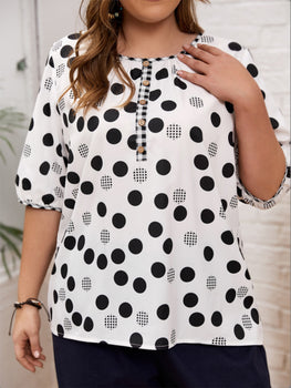 Plus Size Polka Dot Round Neck Half Sleeve Top