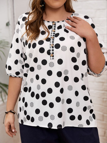 Plus Size Polka Dot Round Neck Half Sleeve Top