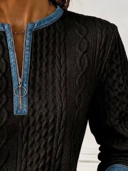 Denim Contrast Trim Quarter Zipper Sweatshirt