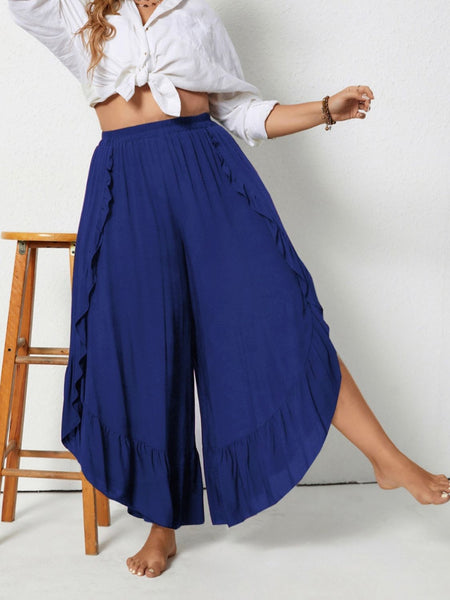 Plus Size Royal Blue Ruffled Wide Leg Pants