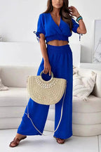 Surplice Short Sleeve V-Nek Top and Pants Set
