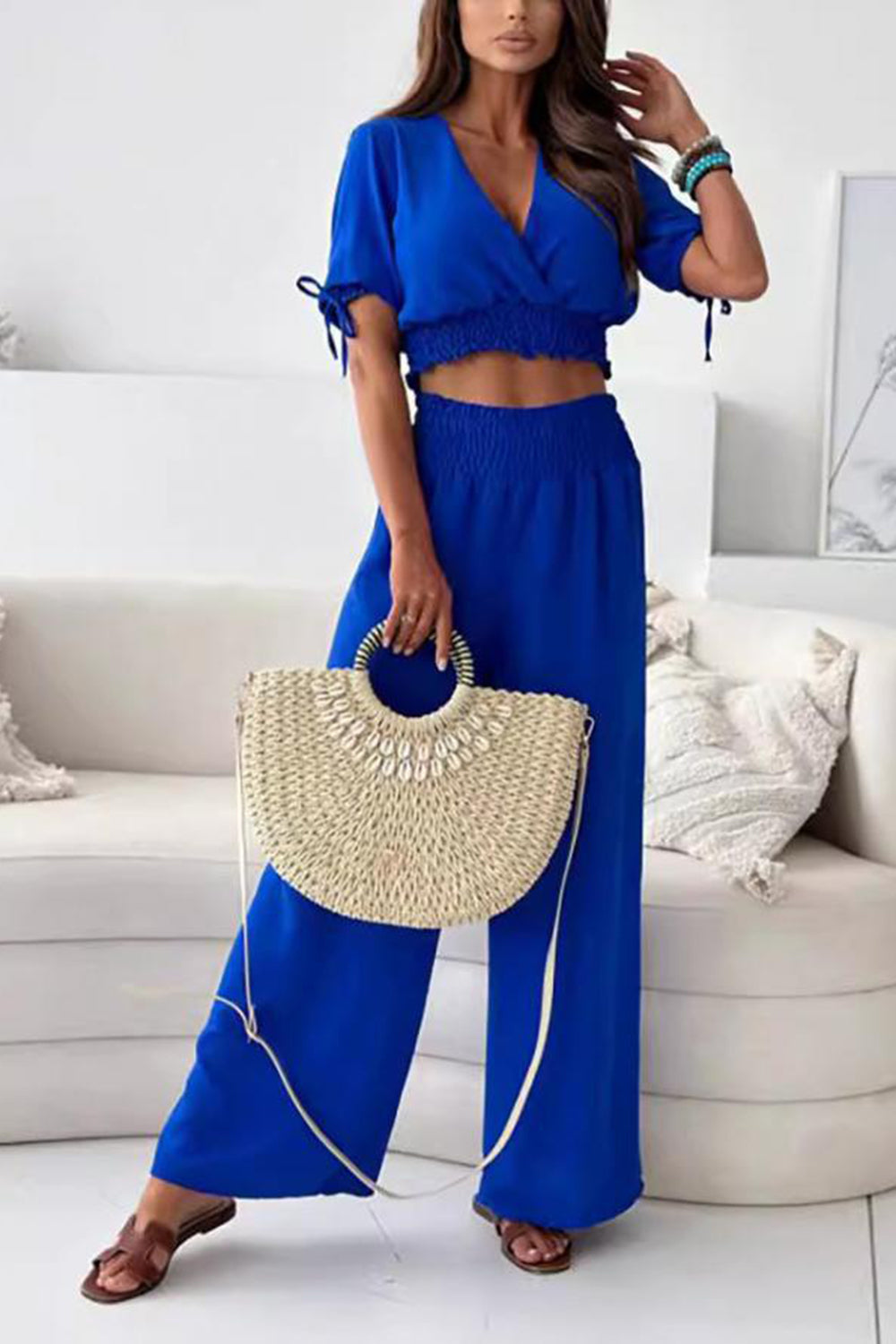 Surplice Short Sleeve V-Nek Top and Pants Set