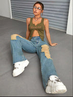Women's Wide Leg Distressed Jeans with Pockets