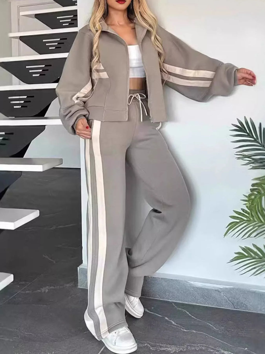 Women Striped Zip Up Outerwear And Pants Set