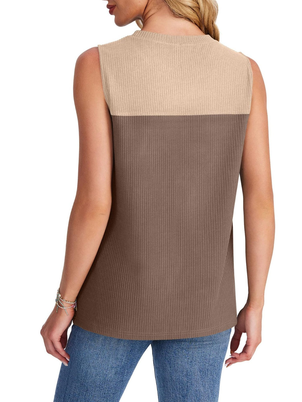 Sleeveless Color Block Round Neck Top